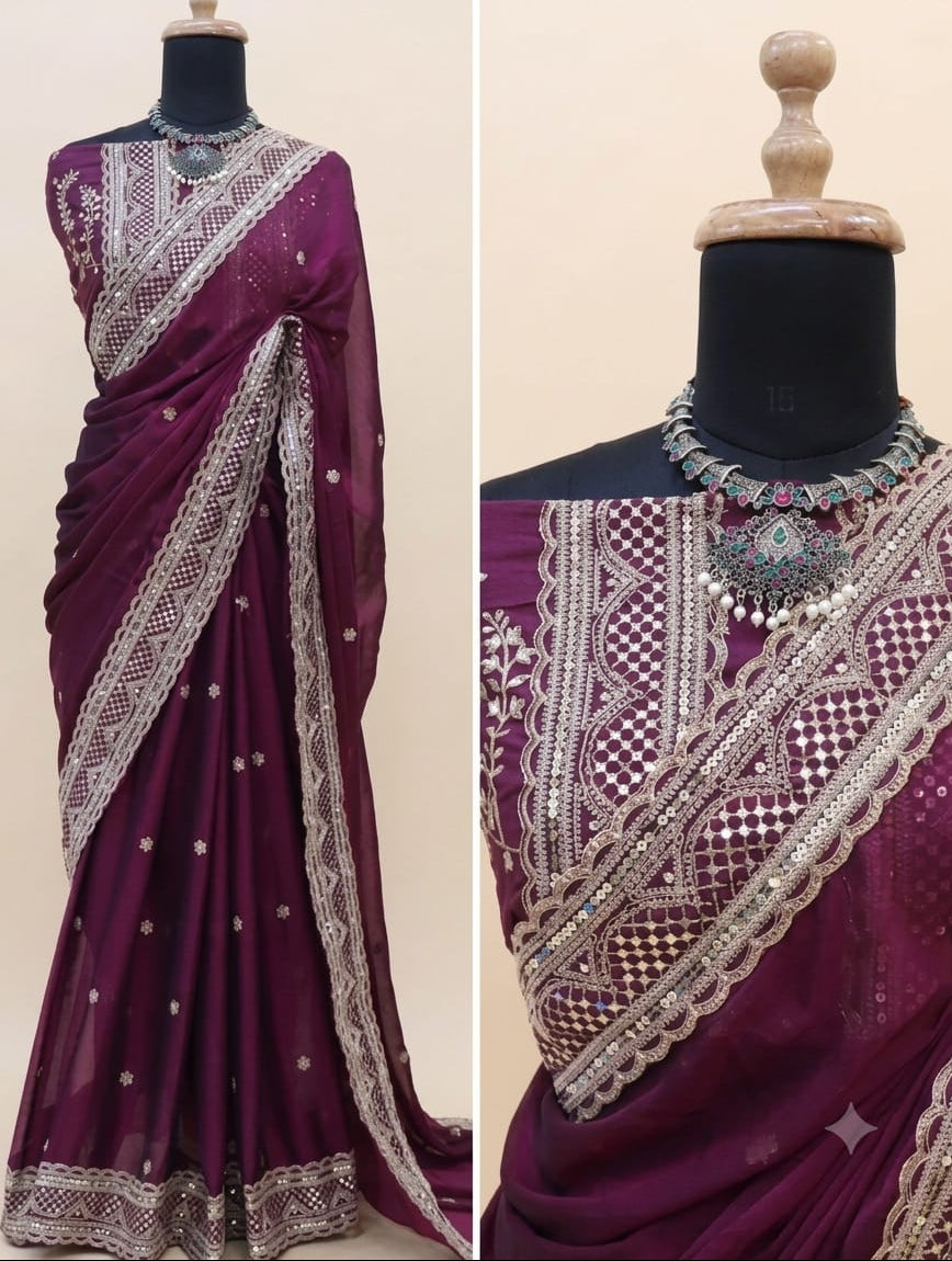 Maroon colour georgette saree with Seprated Blouse Piece in bangalori silk fabric