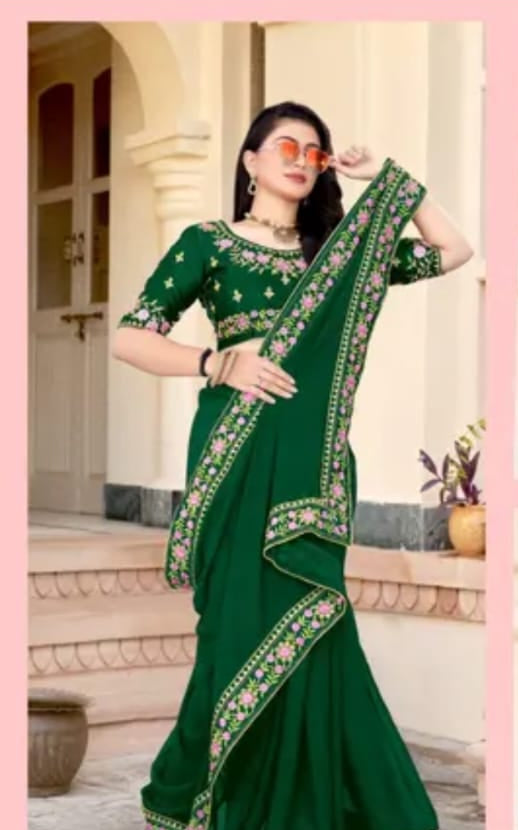 Green colour womens georgette saree with Running Blouse banarasi silk fabric