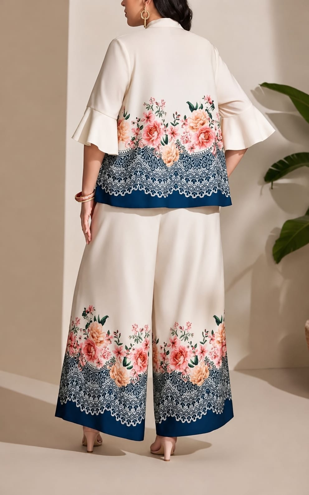 Co-Ord Set, Kurta and Palazzo, Mandarin Collar Neck, Three Quater Sleeves