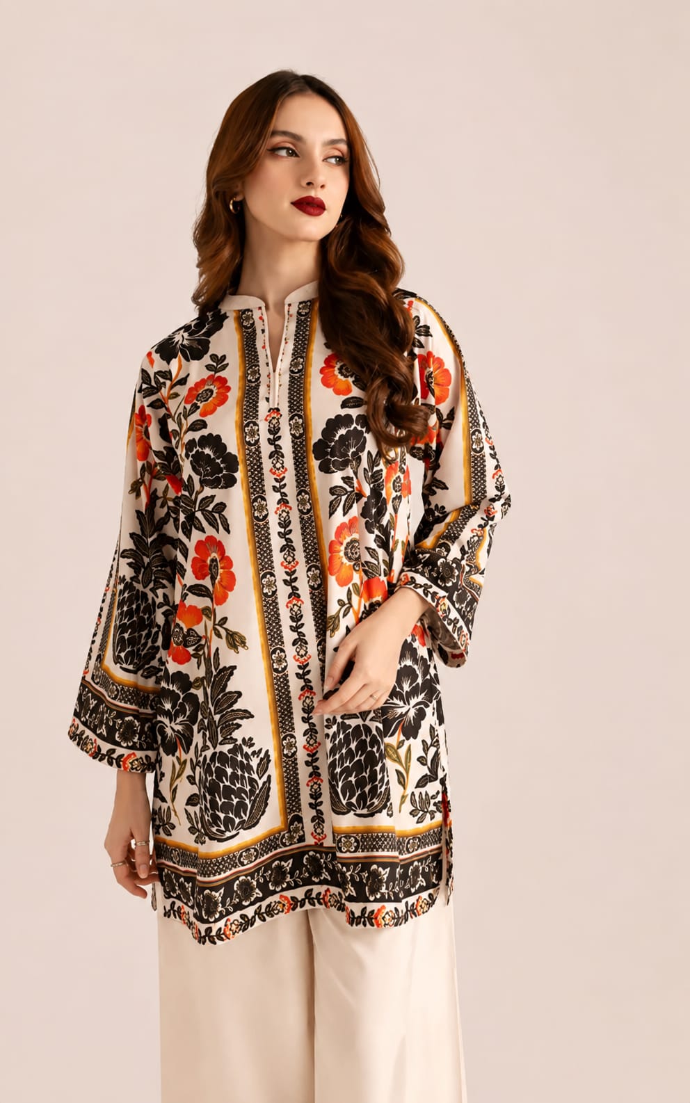 Womens Co-Ord Set in rayon fabric, Round Neck, Long Sleeves with Bottomwear