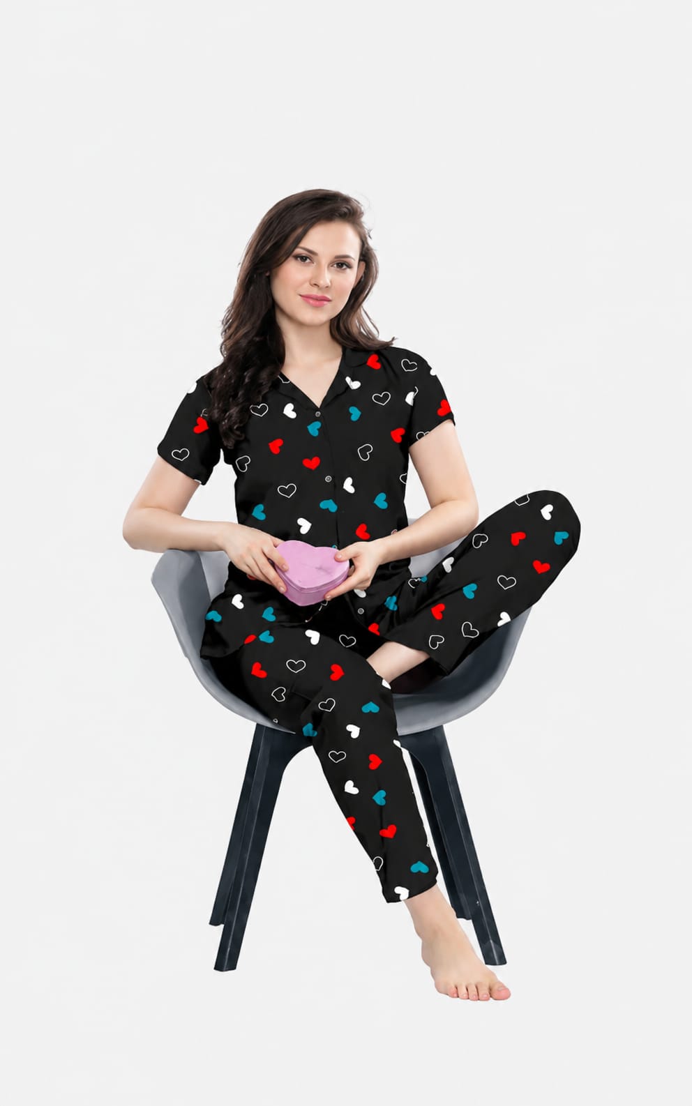 Collar womens Nightsuit in polycotton fabric, Waist length, Lapel Neck, Short Sleeves