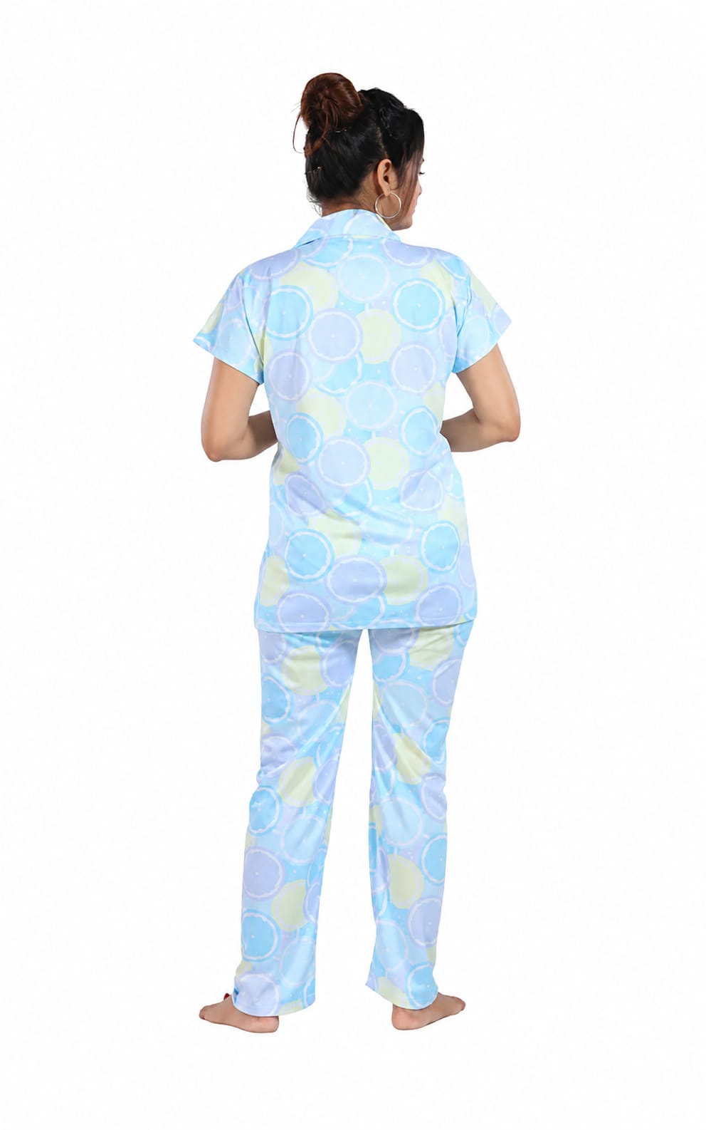 Womens Printed Nightsuit in polyester fabric, Lapel Neck, Short Sleeves
