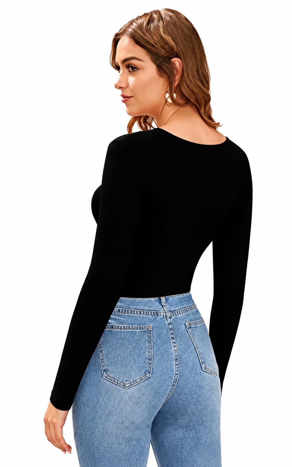 V-Neck Crop Top in Polycoton fabric, Long Sleeves, Length is Crop