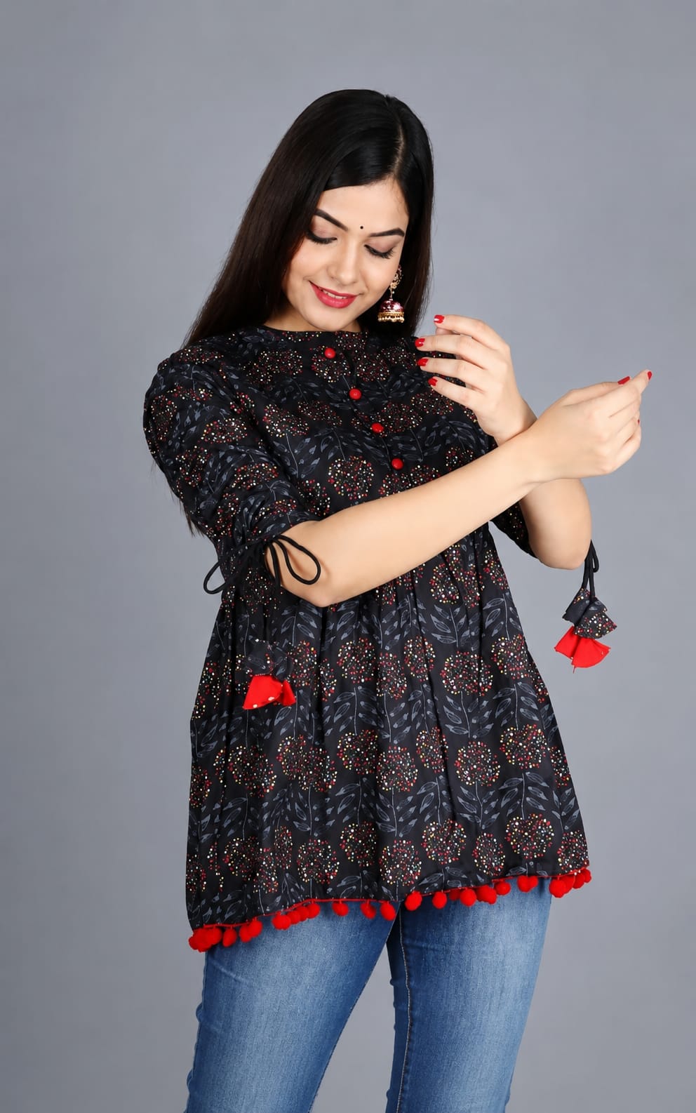 Trending Short Kurti for Womens, Tunic Fit, Mandarin Neck, Three-Quater Sleeves
