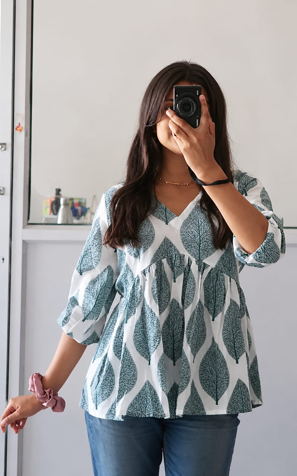 V-Neck Short Kurti in rayon fabric, Three-Quater Sleeves, Regular Length