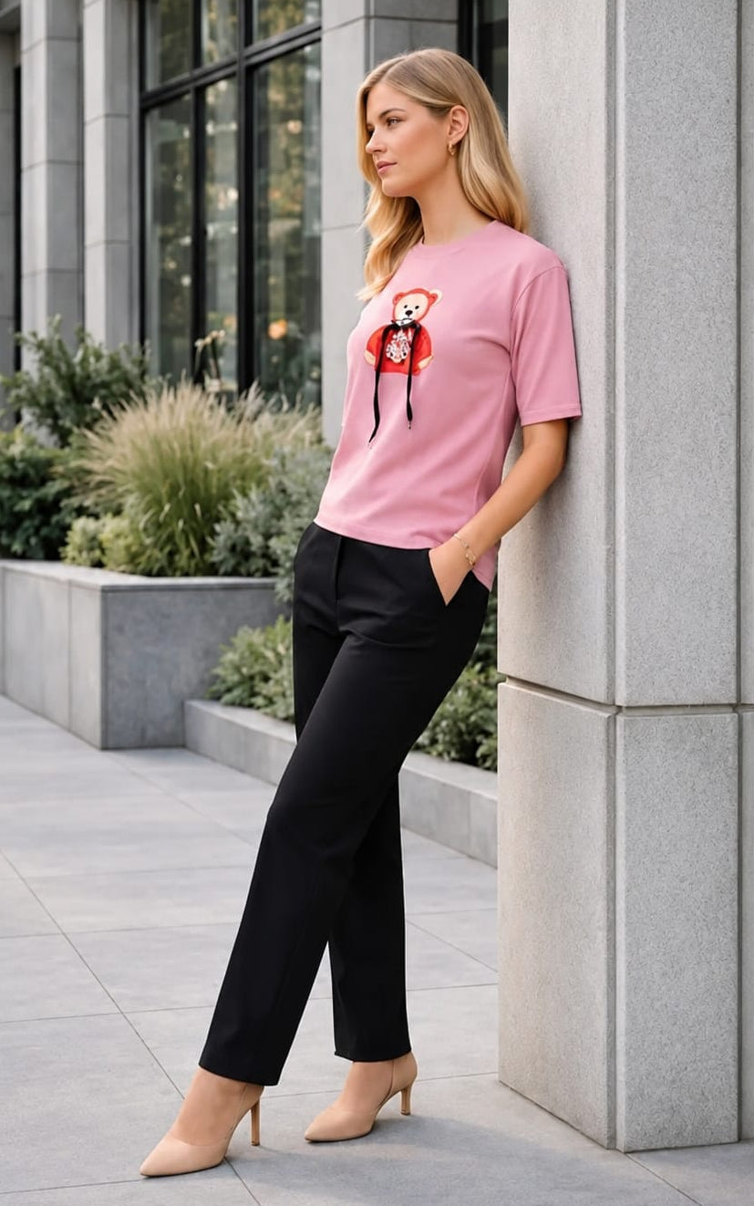 Pink T-shirt with Black Cargo Palazzo set in cotton fabric, Round Neck