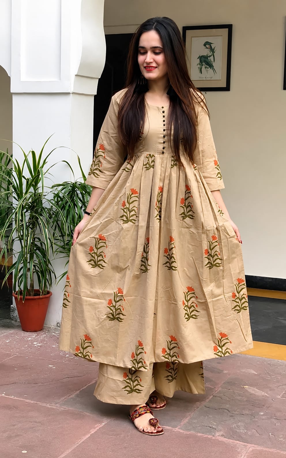 Womens Kurta with Palazzo Set, Ankle length, Three-Quater Sleeves