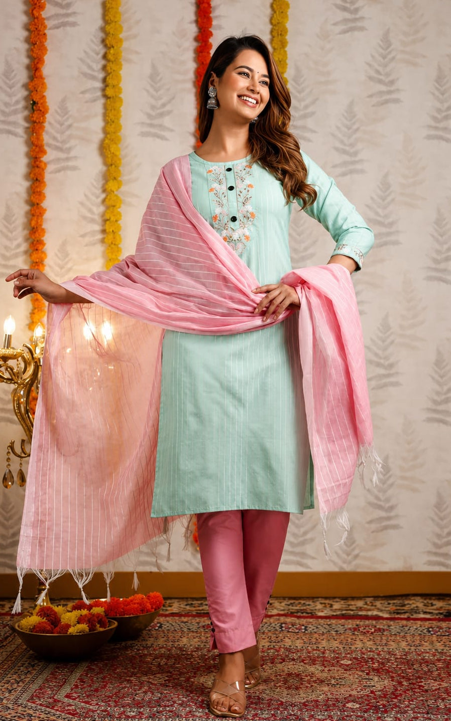 Womens Kurta with Duppata and Pant Set, Knee Length, Round Neck