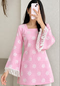 Pink Short Kurti in Cotton, Square Neck, Calf Length, Three-quater sleeves