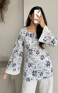 Flora printed short kurti, Khadi Cotton, Above Knee, Round neck, Long sleeves