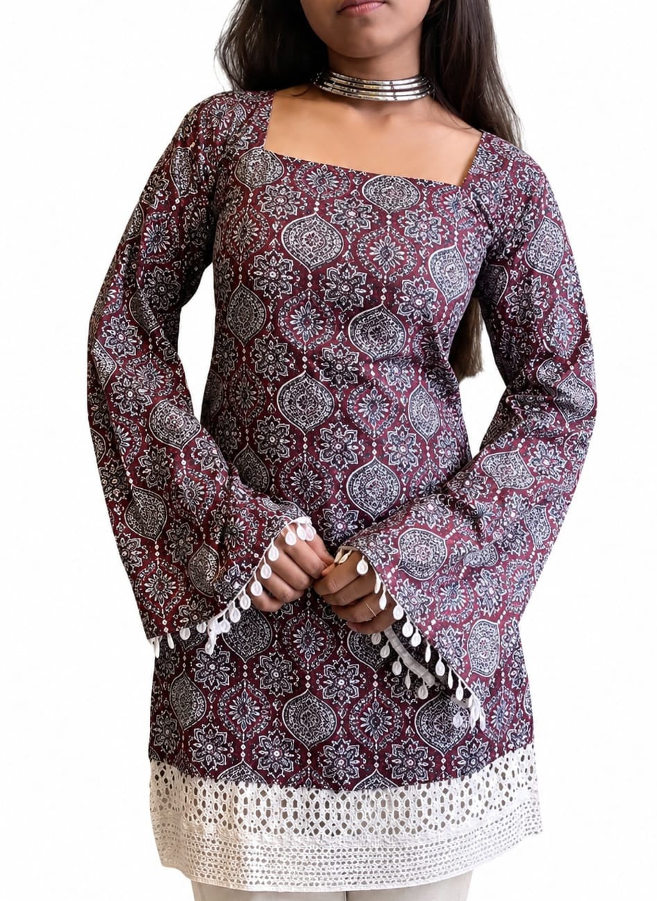 Beautiful Short kurti in rayon, Square Neck, Above Knee, Long Sleeves