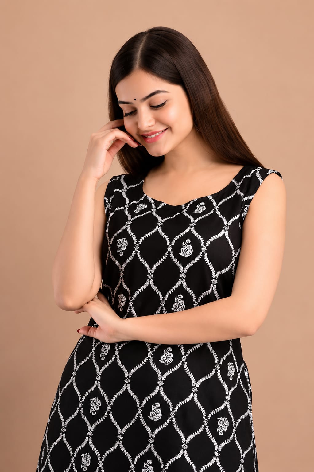 Beautiful Rayon Kurti for Womens, Calf Length, Round Neck, Sleeveless