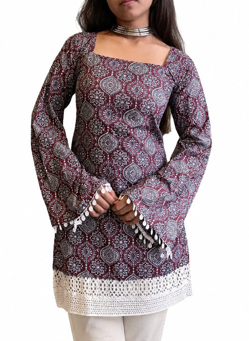 Beautiful Short kurti in rayon, Square Neck, Above Knee, Long Sleeves