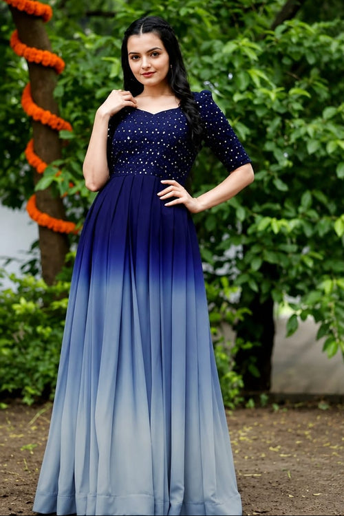 Ankle length, georgette fabric, stylised neck, three quater sleeves