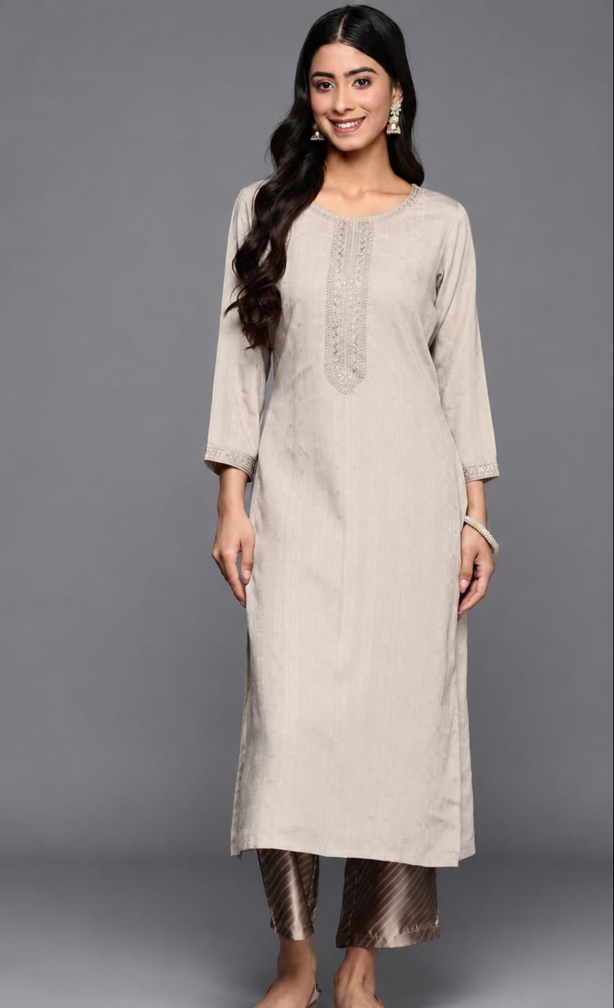 Women's Elegant Beige Embroidered Straight Cotton Kurti