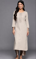 Women's Elegant Beige Embroidered Straight Cotton Kurti