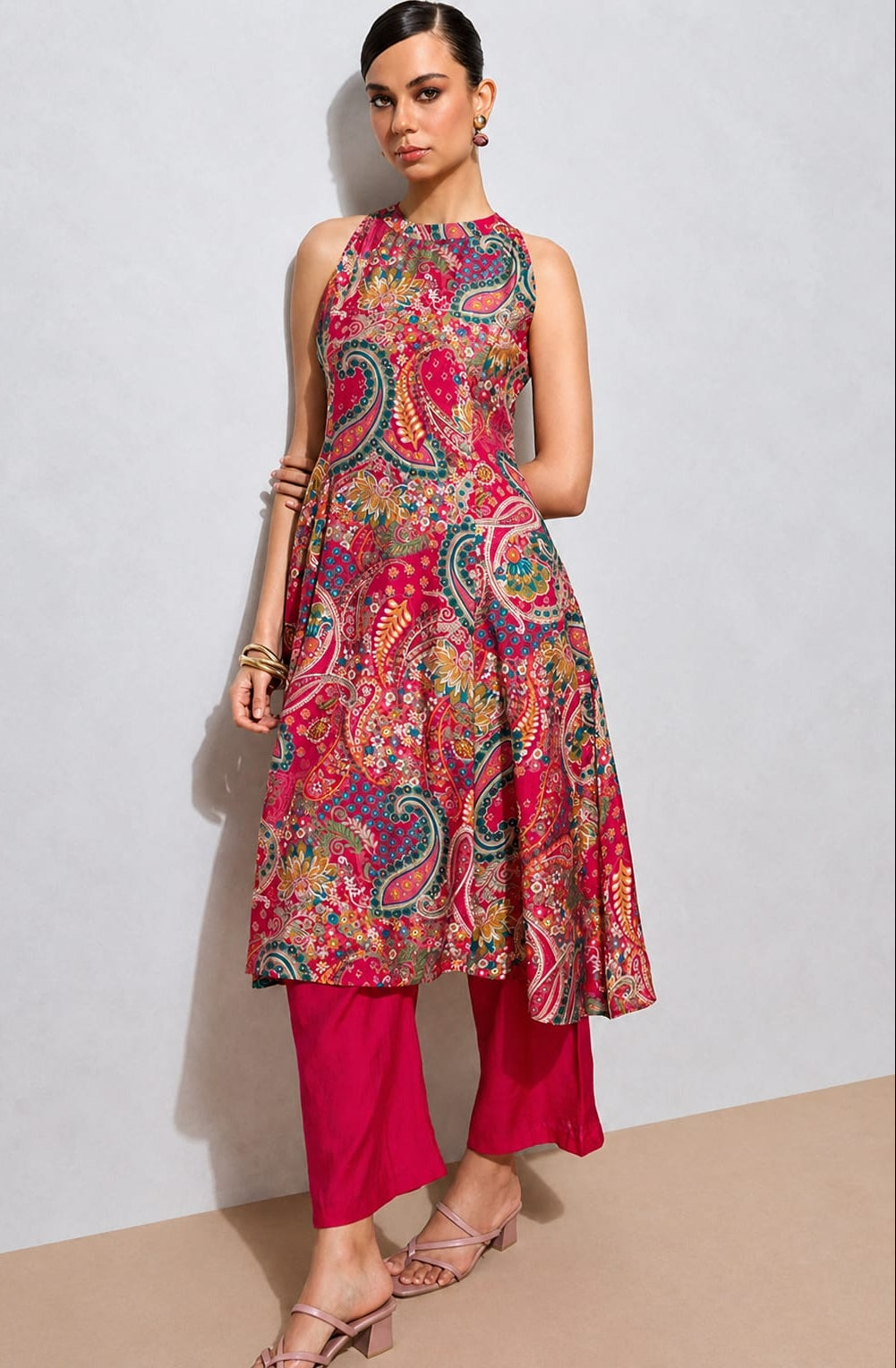 Women's Pink Paisley Printed Art Silk Kurta Pant Co-Ord Set