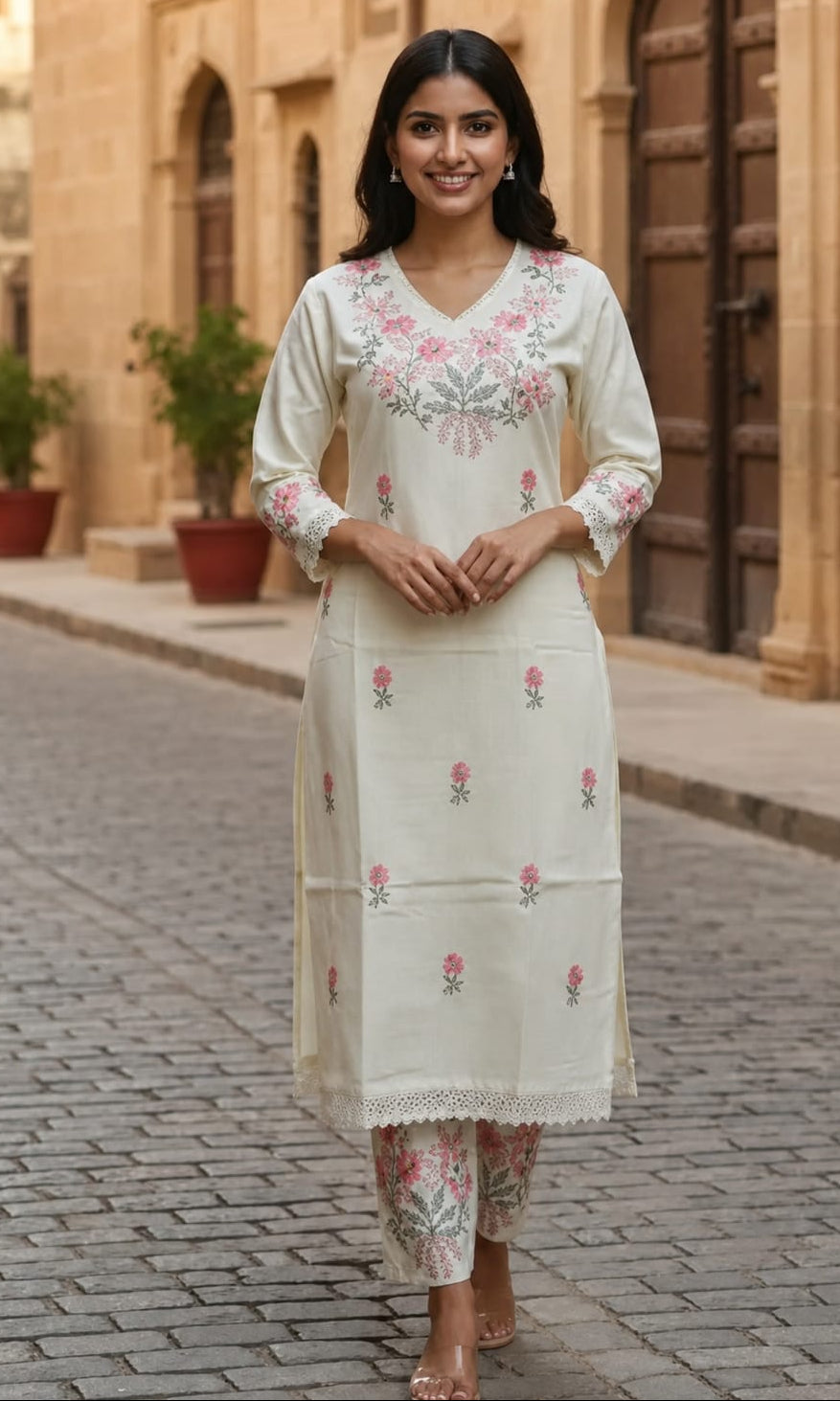 Women's Cream Floral Cotton Kurta Pant Set with Lace Border
