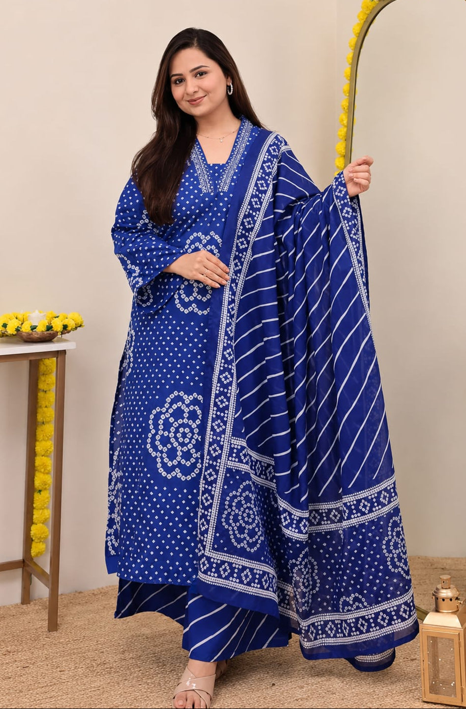 Women's Blue Bandhani Printed Kurta Pant Dupatta Set Elegant Party Wear