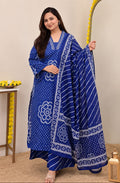 Women's Blue Bandhani Printed Kurta Pant Dupatta Set Elegant Party Wear