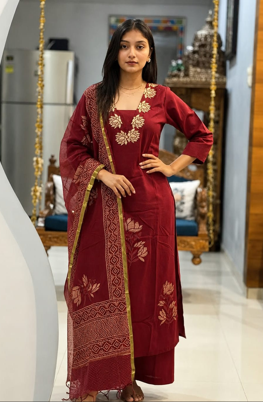 Women's Red Botanical Printed Viscose Kurta Pant Dupatta Set Party Wear