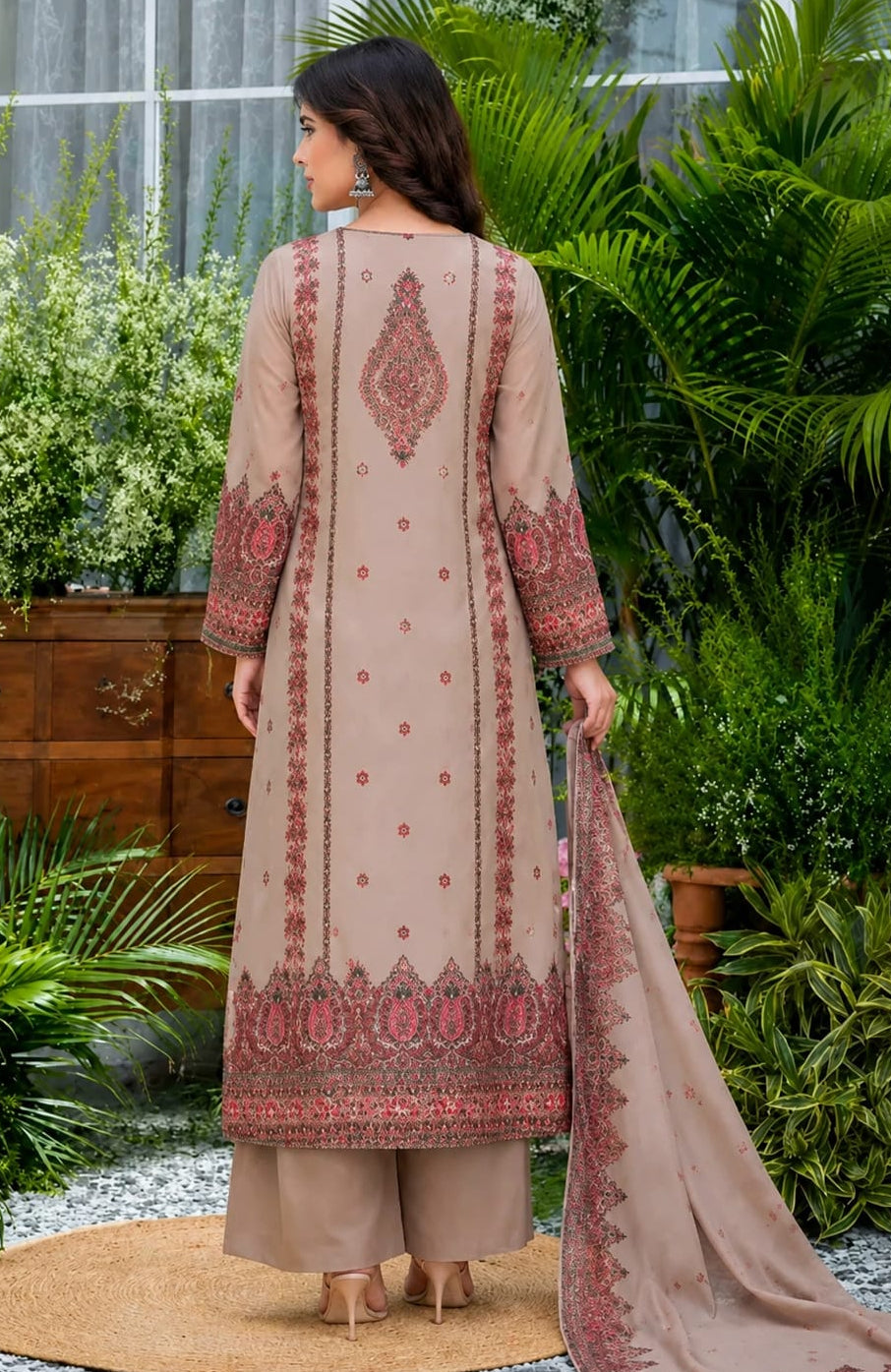 Women's Nude Floral Printed Silk Blend Kurta Palazzo Dupatta Set Elegant Party