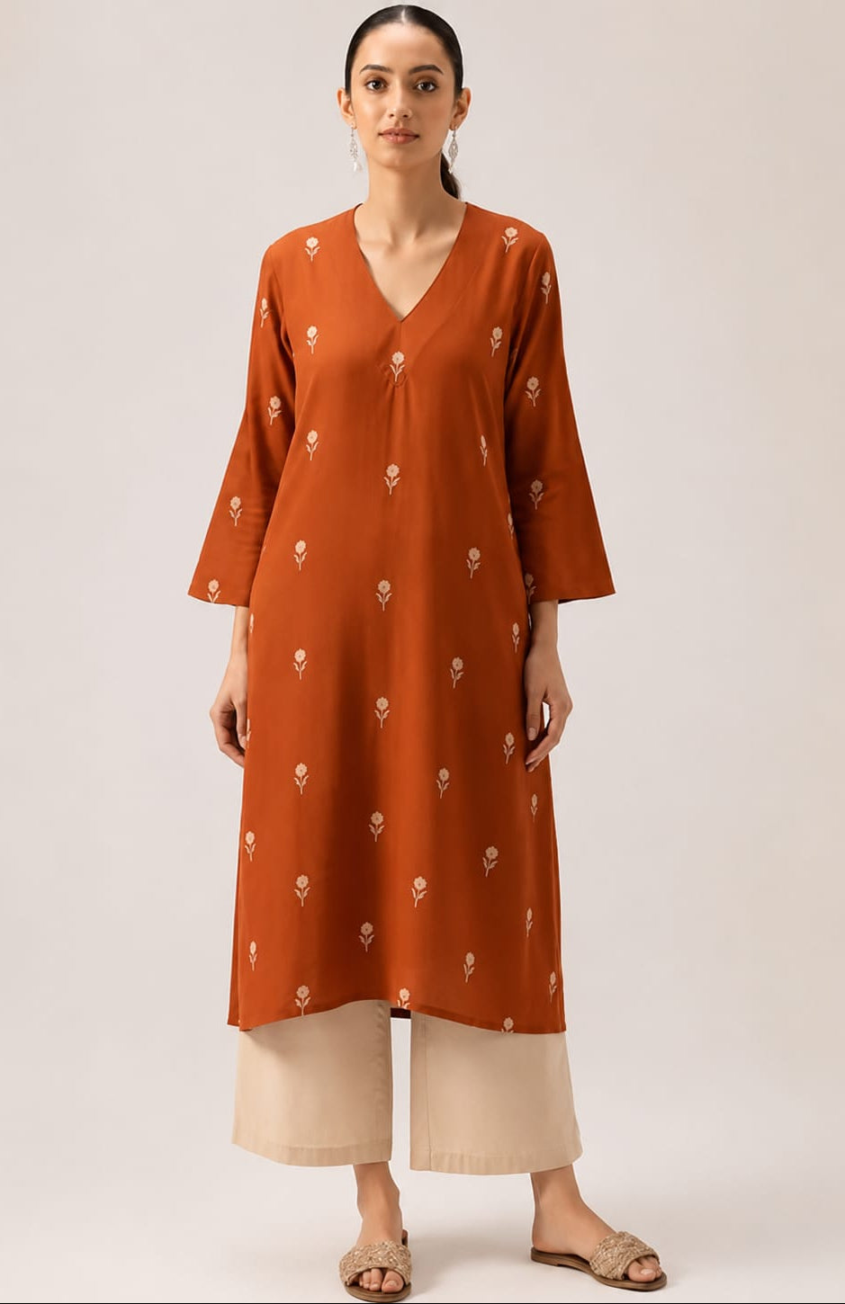 Beautiful Rust Floral Printed Rayon Kurta Palazzo Set Elegant Daily Wear Comfort