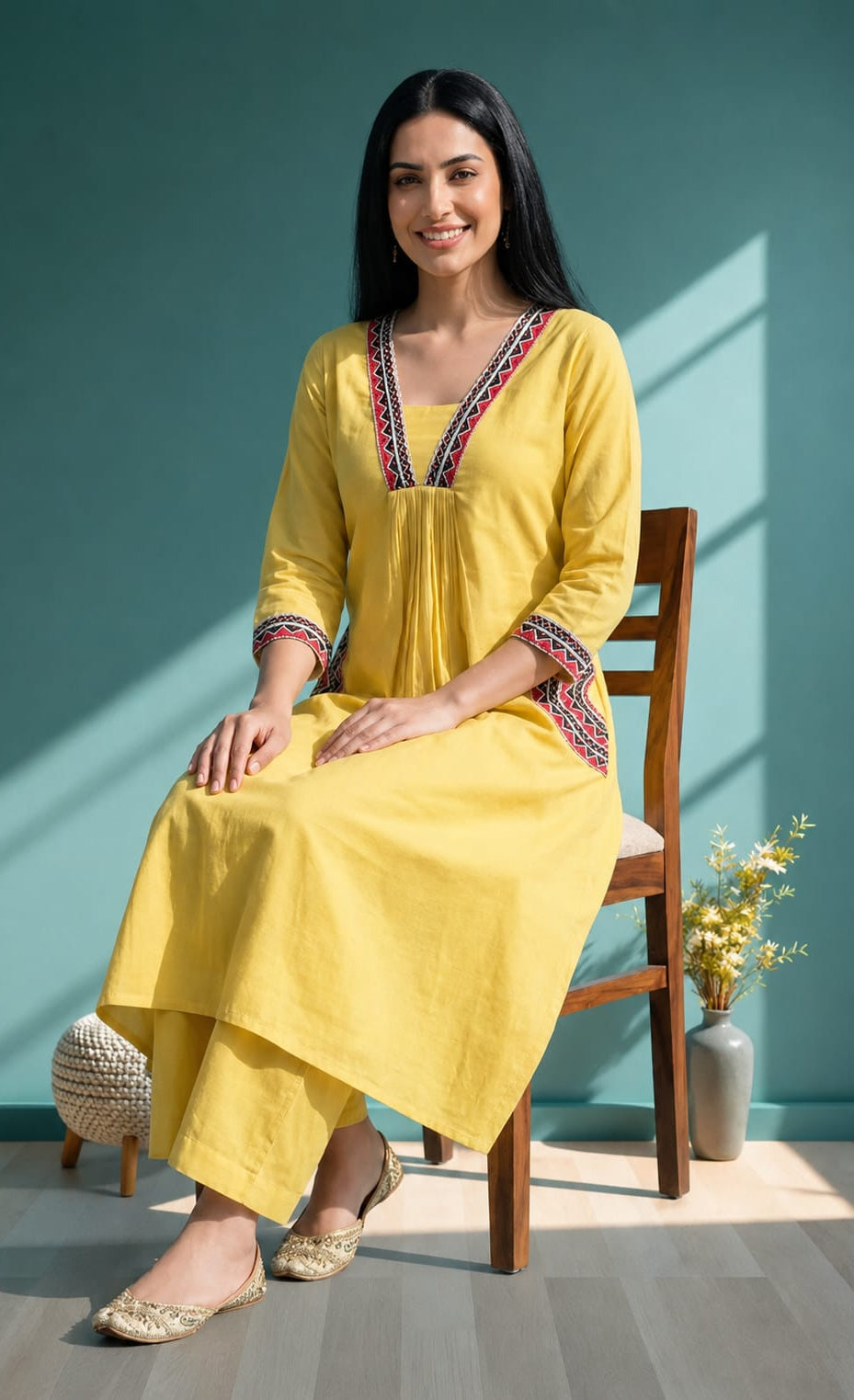 Yellow Khadi Cotton Embroidered Kurta Palazzo Set Festive Ethnic Wear