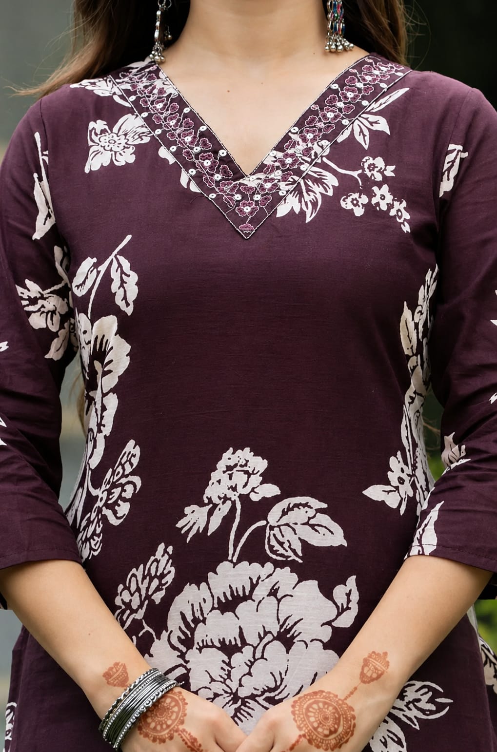 Brown Floral Cotton Blend Kurta Pant Set Elegant Ethnic Wear