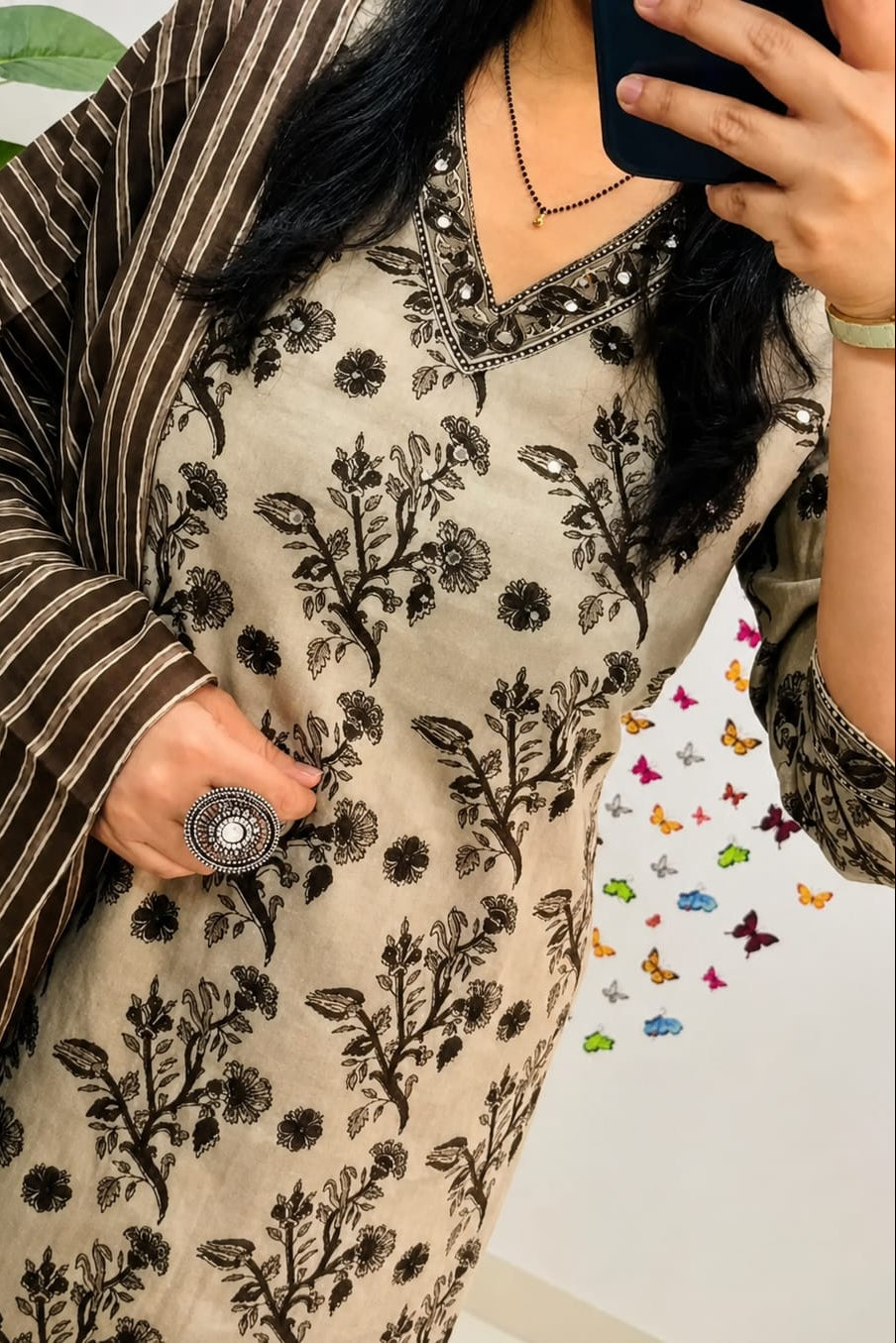 Beige Floral Printed Rayon Kurta Pant Dupatta Set Elegant Ethnic Wear