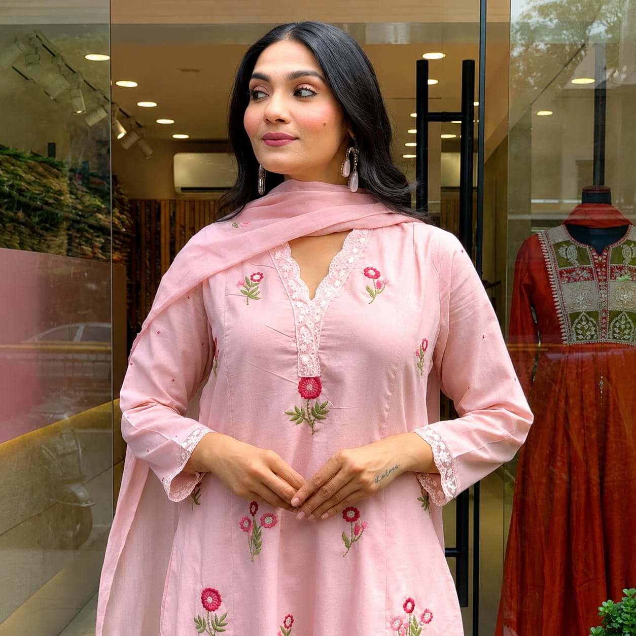 Peach Embroidered Kurta Palazzo Dupatta Set Elegant Party Ethnic Wear