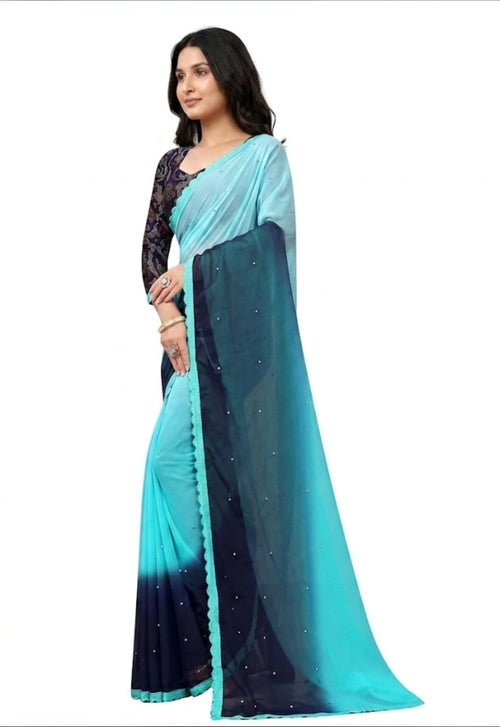 Women's Aqua Blue Georgette Colorblock Party Wear Saree with Blouse