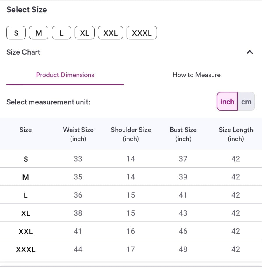 Size chart