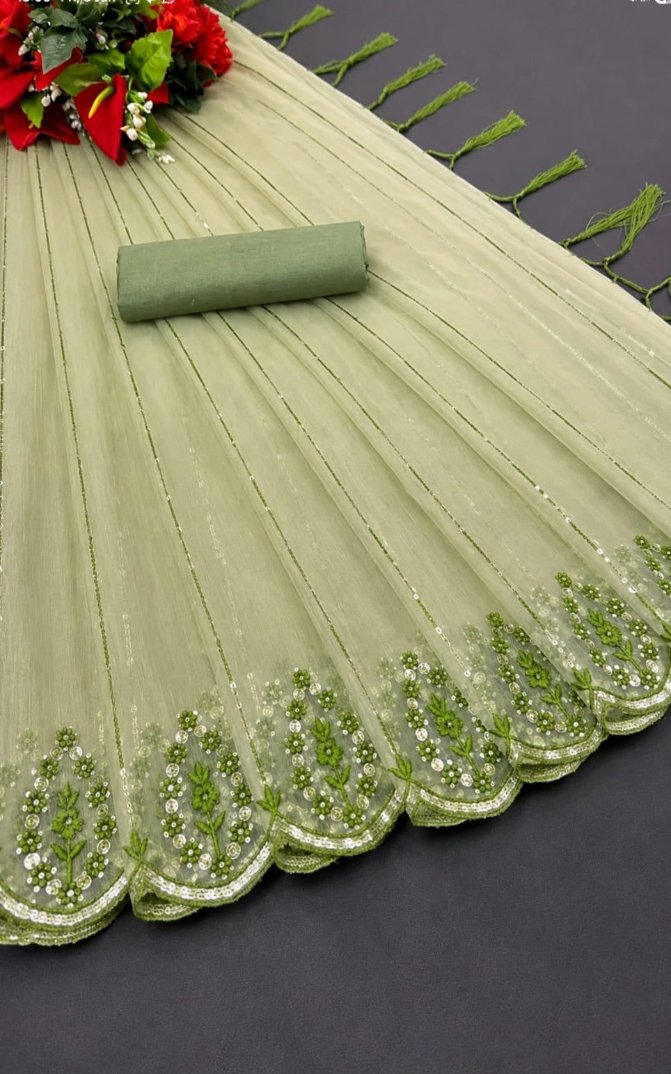 organza saree with tassels and latkans