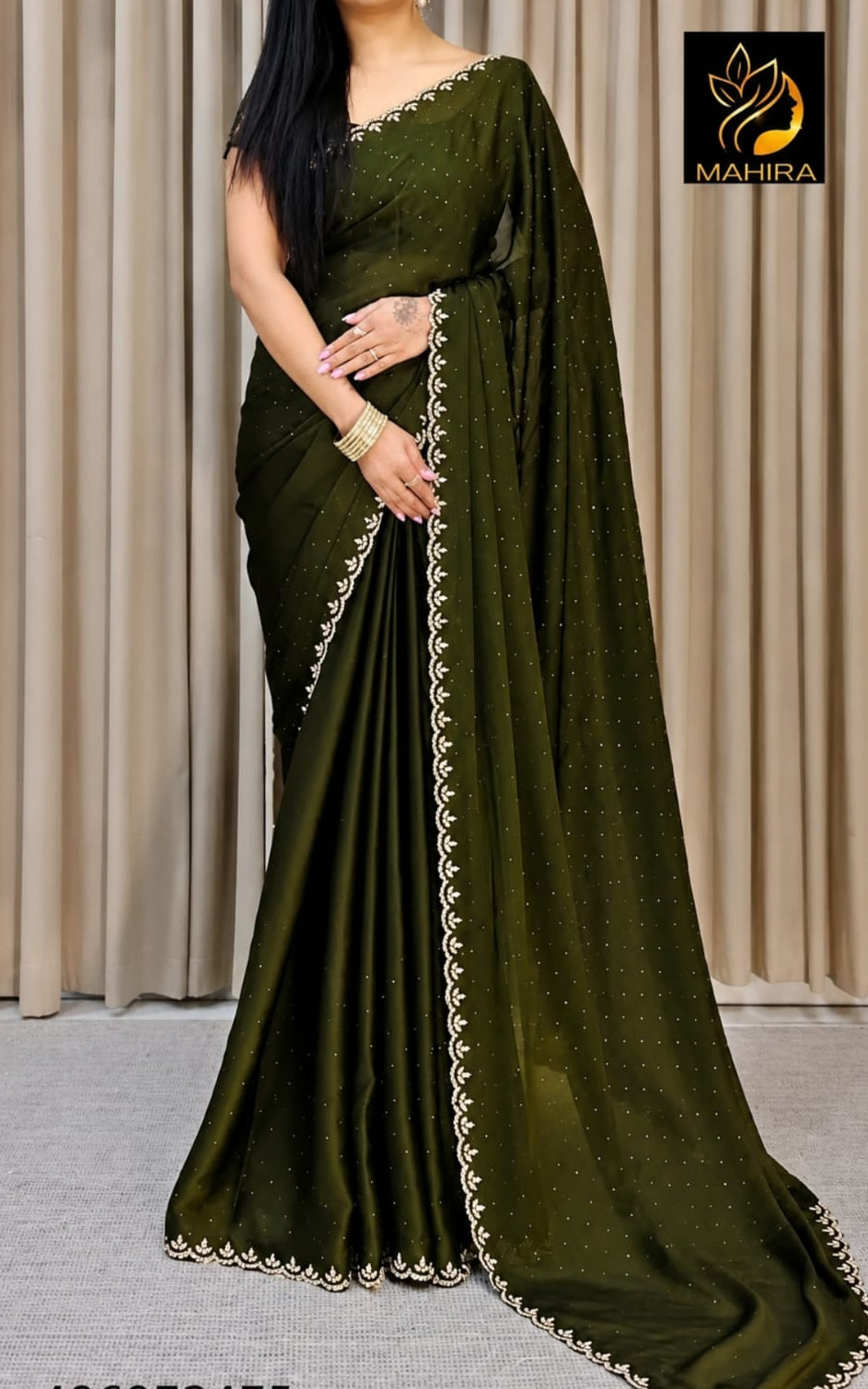 new chinnon green saree with running blouse