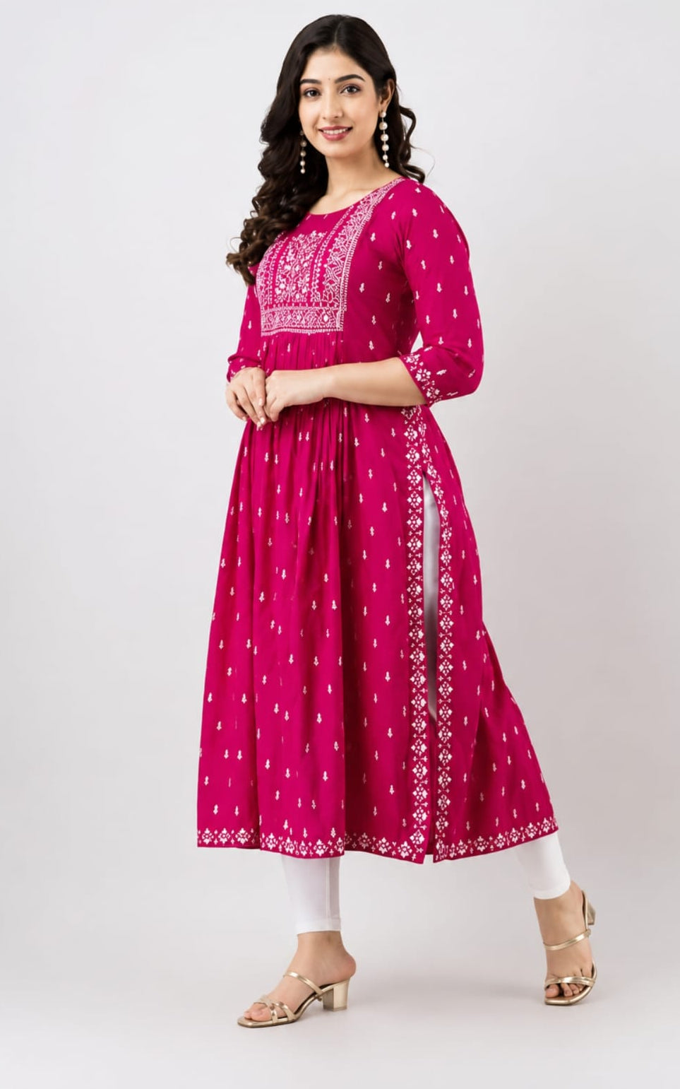 pink rayon kurti, round neck, three quater sleeves length