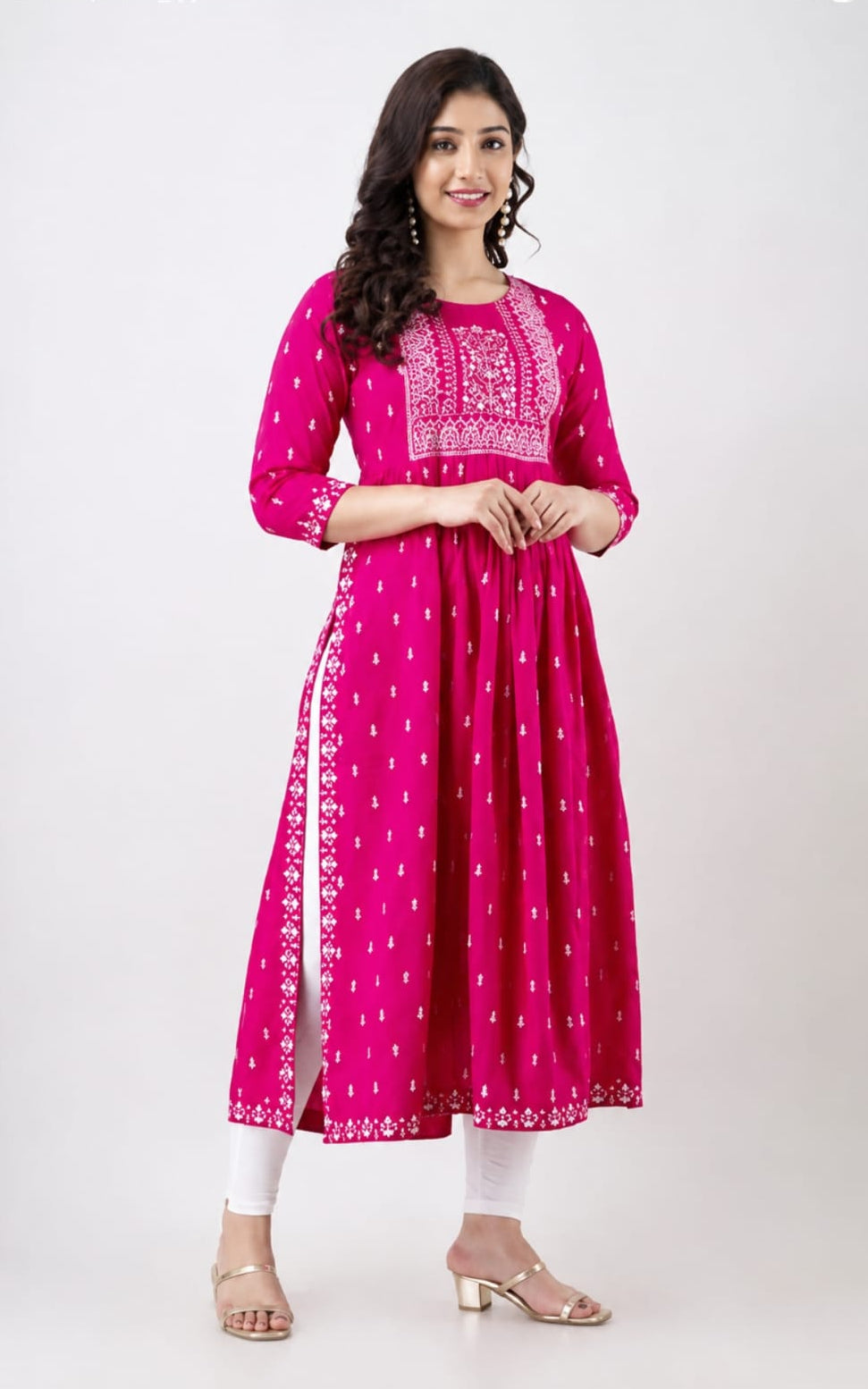 pink rayon kurti, round neck, three quater sleeves length