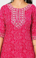 bandhani cotton kurta with pants calf length, round neck, three quater sleeves length