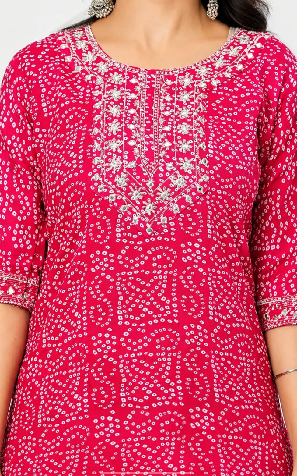 bandhani cotton kurta with pants calf length, round neck, three quater sleeves length