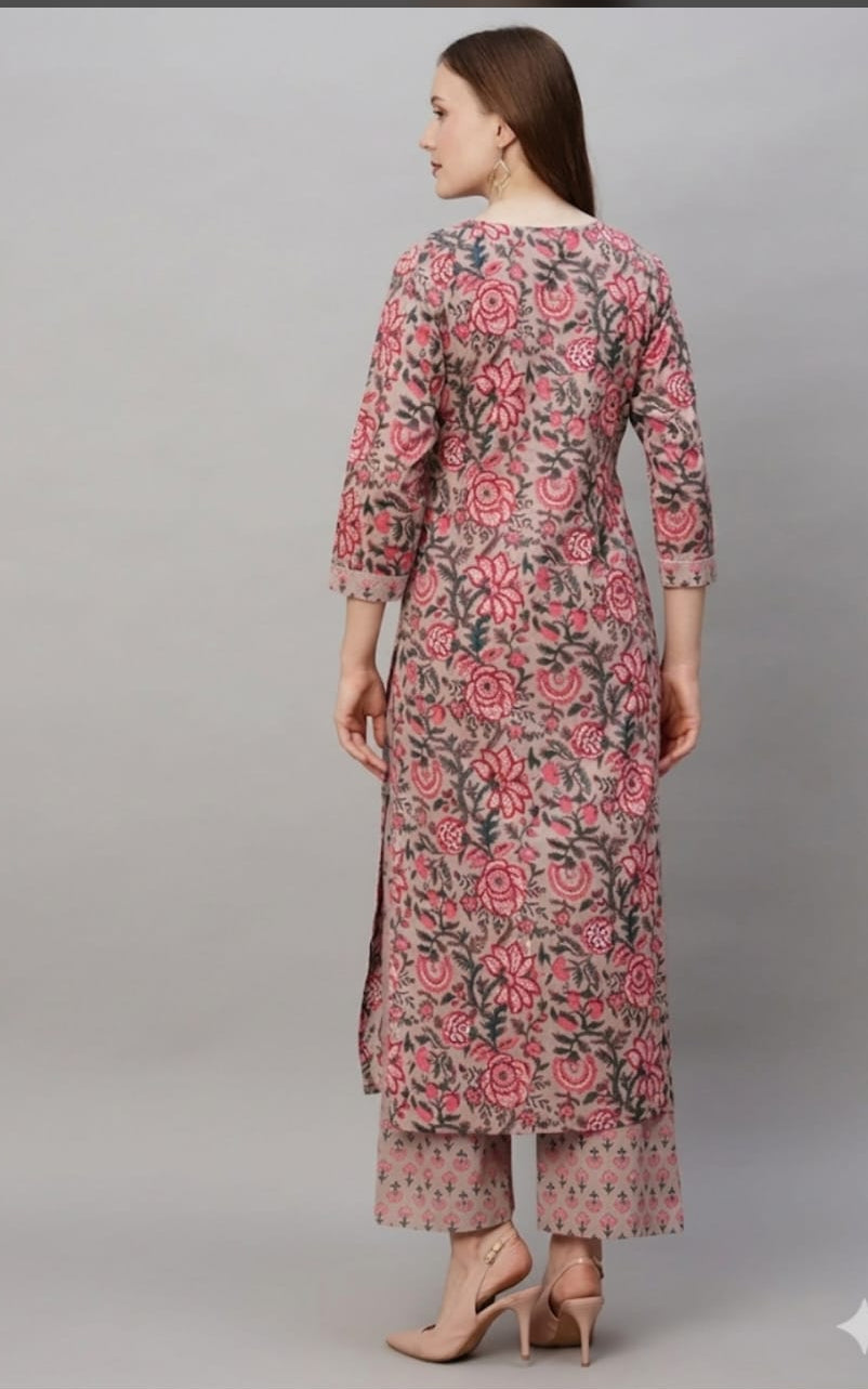 cotton kurta with pants, calf length, V-neck, three quater sleev length, gota work