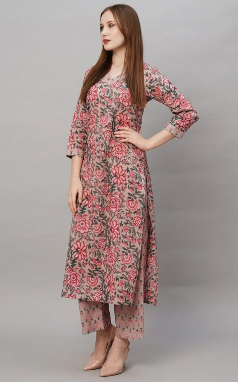 cotton kurta with pants, calf length, V-neck, three quater sleev length, gota work
