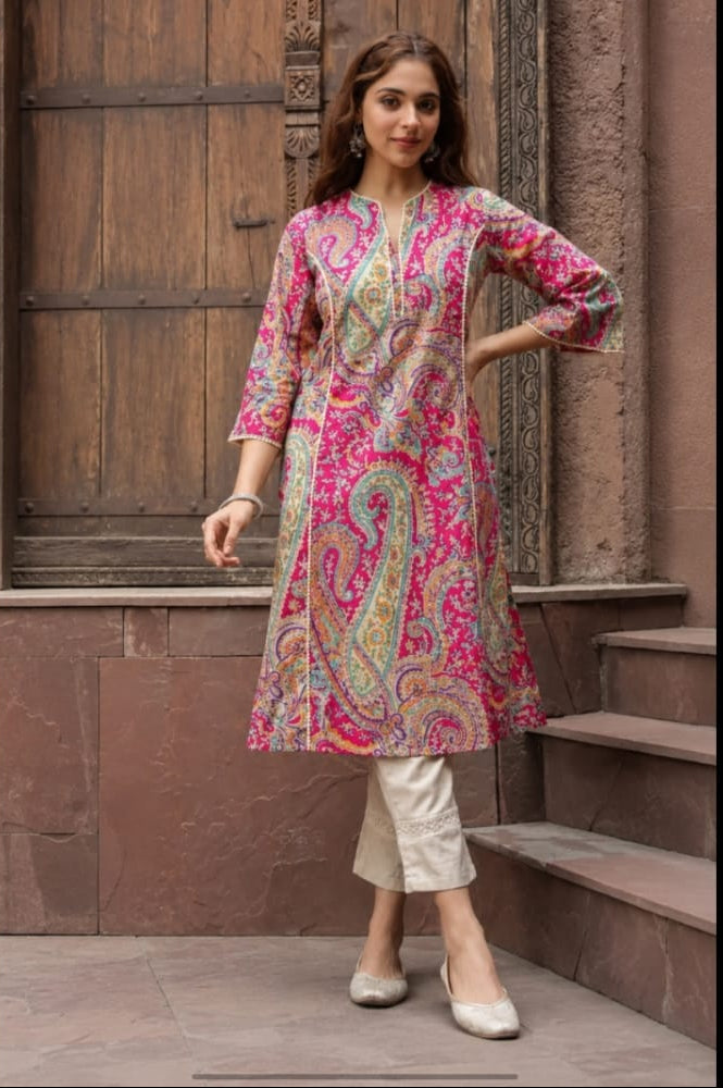 mandarin neck kurta, sleeve length is three quater