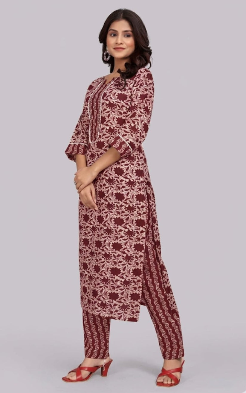 Cottom Kurta with Pant, Calf Length, Sleeve length is Three-Quater