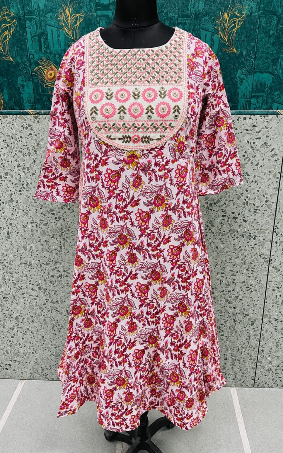 full length viscous rayon anarkali kurti in round neck, long sleeves