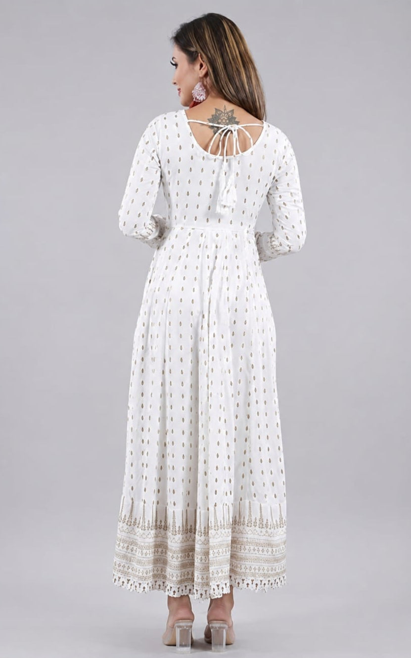 white rayon anarkali kurti in round neck, long sleeves, tassals and latkans