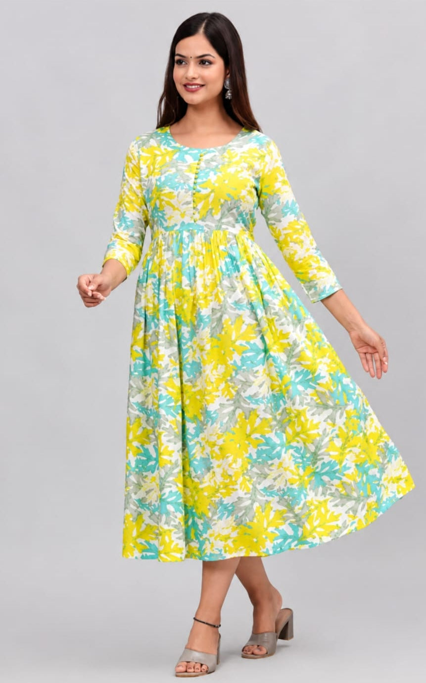 beautiful rayon anarkali in round neck, sleeve length is three quater