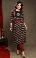 Traditional Straight Fit Kurti, Claf length, Three-Quater Sleeves