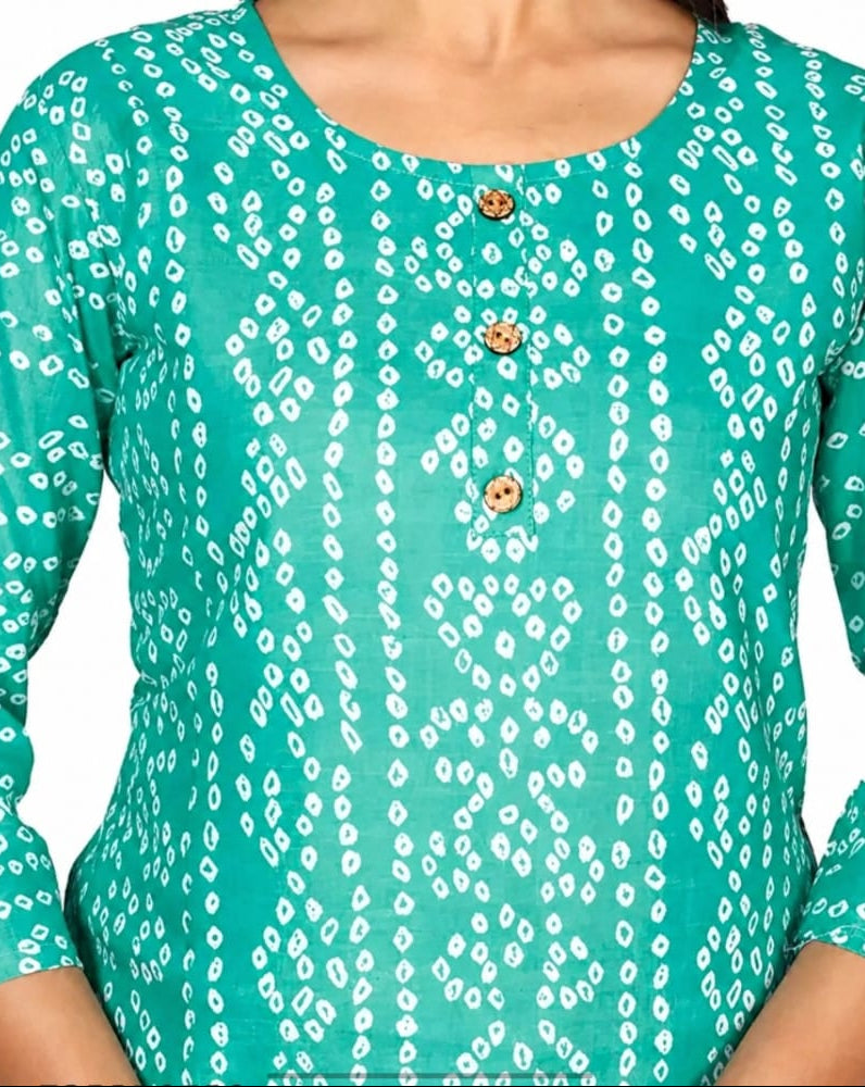 cotton kurti with bottomwear, round neck, calf length, sleeve length is three quater
