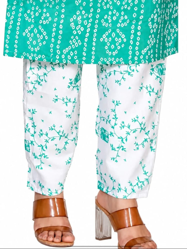 cotton kurti with bottomwear, round neck, calf length, sleeve length is three quater