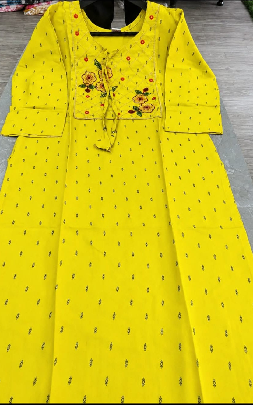 rayon kurti with palazzo, round neck, calf length,sleeve length is three quater